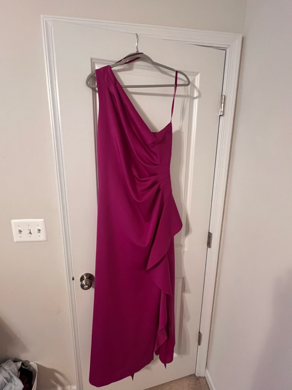 Xscape One-Shoulder Magenta Ruffle Evening Gown